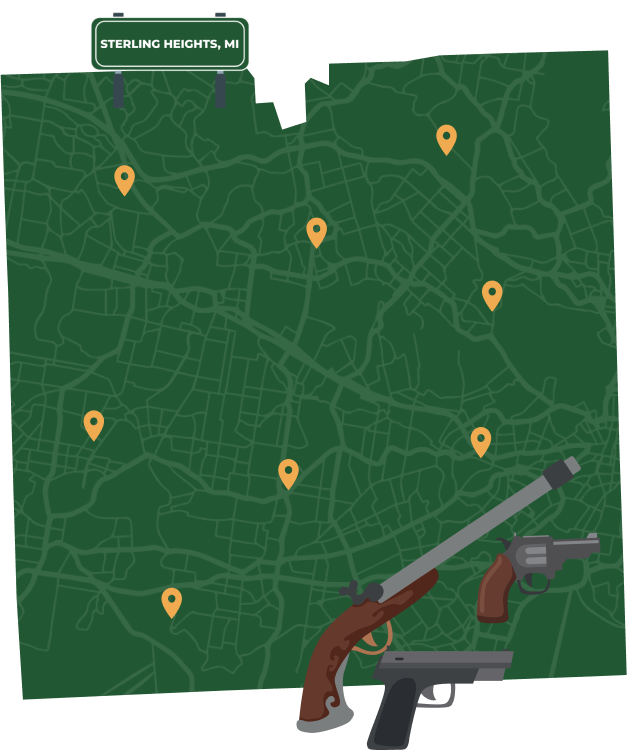 Picture of Sterling Heights, Michigan City Map with Sterling Heights sign on it and places that we buy guns from.