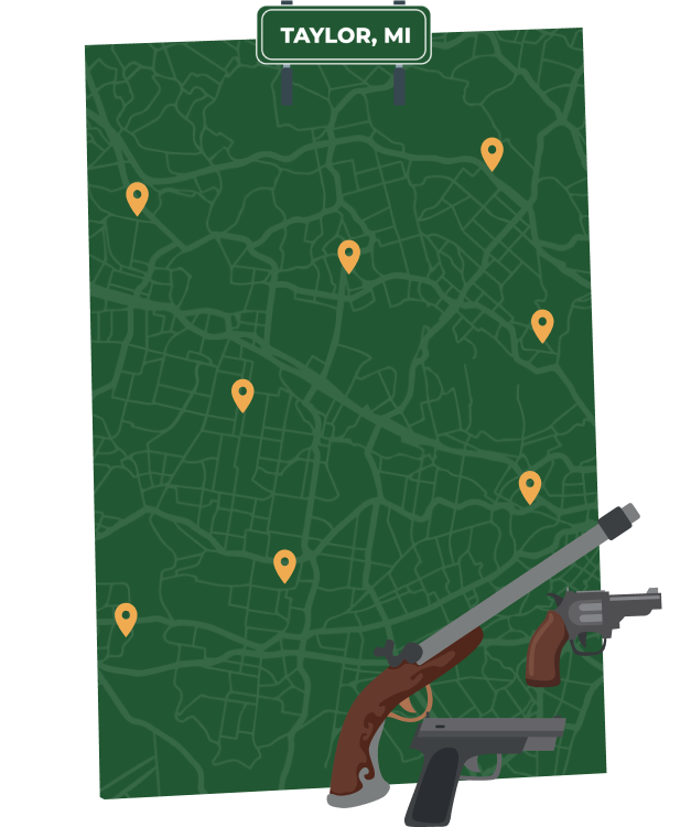 Picture of Taylor, Michigan City Map with Taylor sign on it and places that we buy guns from.