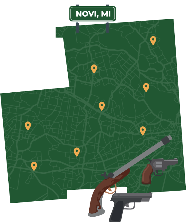 Picture of Novi, Michigan City Map with Novi sign on it and places that we buy guns from.