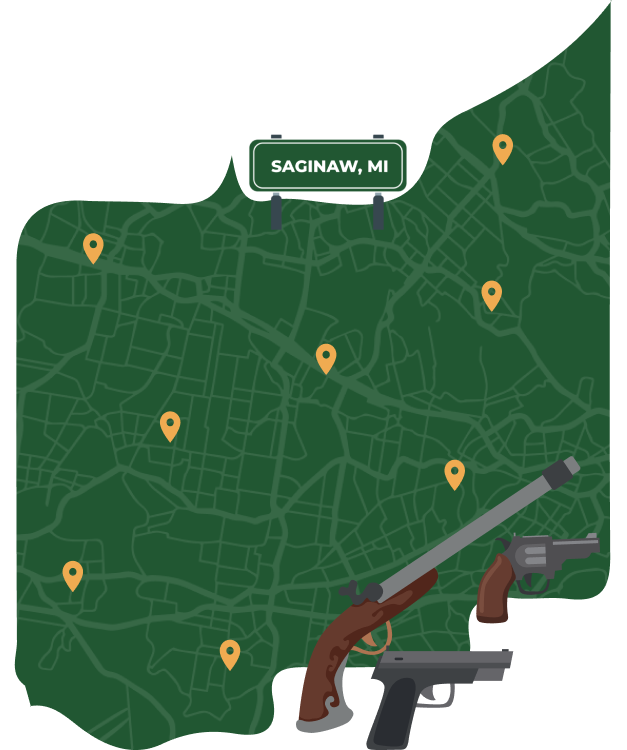 Picture of Saginaw, Michigan City Map with Saginaw sign on it and places that we buy guns from.