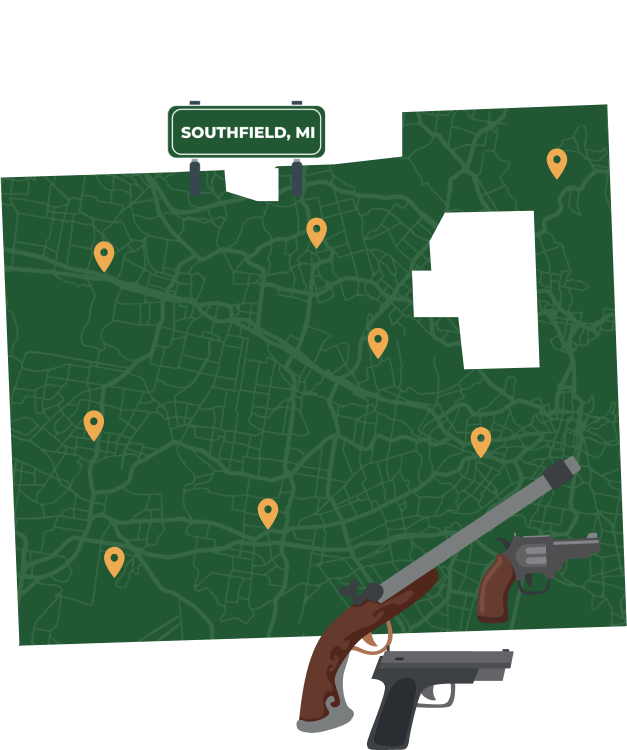 Picture of Southfield, Michigan City Map with Southfield sign on it and places that we buy guns from.