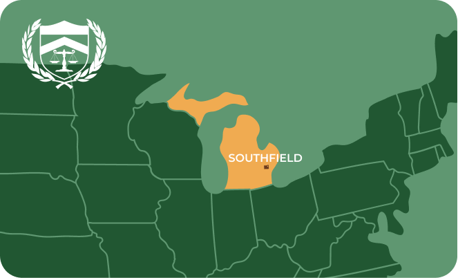 State map with Southfield, Michigan highlighted, showing that Cash for Arms purchases guns in Southfield