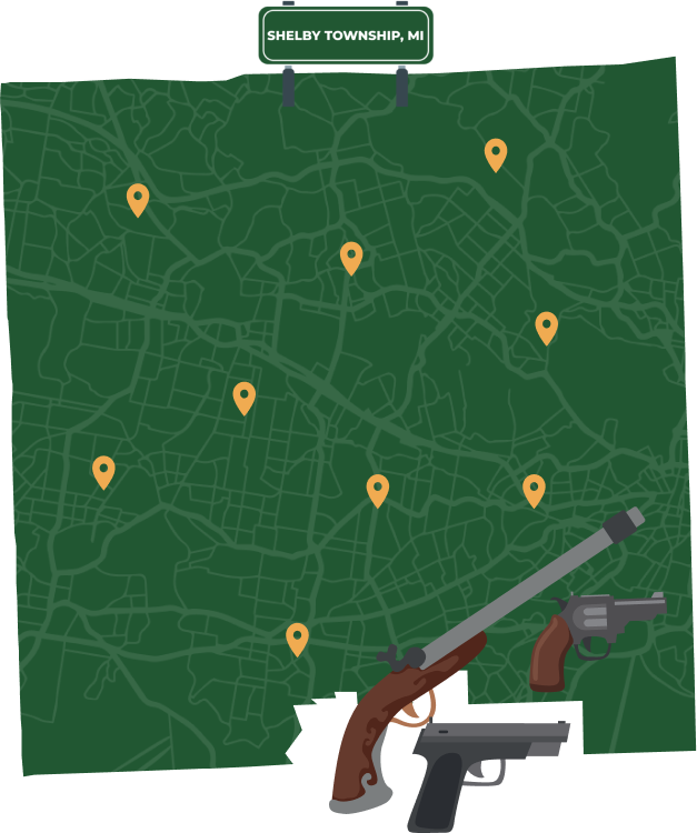 Picture of Shelby Township, Michigan City Map with Shelby Township sign on it and places that we buy guns from.