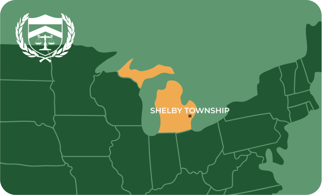 State map with Shelby Township, Michigan highlighted, showing that Cash for Arms purchases guns in Shelby Township