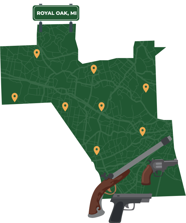 Picture of Royal Oak, Michigan City Map with Royal Oak sign on it and places that we buy guns from.