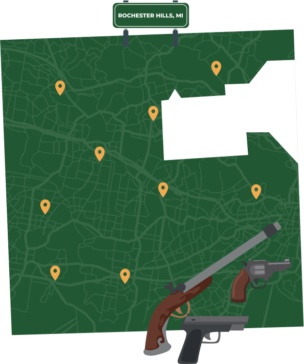 Picture of Rochester Hills, Michigan City Map with Rochester Hills sign on it and places that we buy guns from.