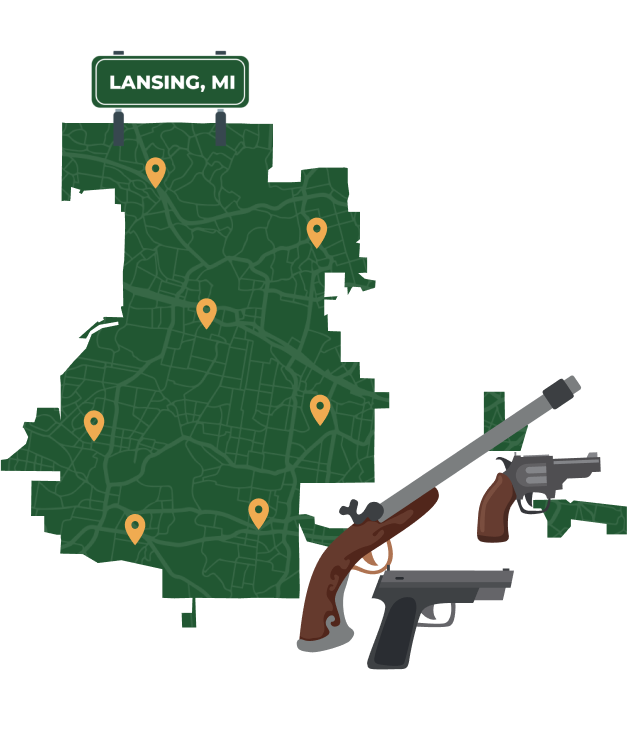 Picture of Lansing, Michigan City Map with Lansing sign on it and places that we buy guns from.