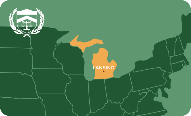 State map with Lansing, Michigan highlighted, showing that Cash for Arms purchases guns in Lansing
