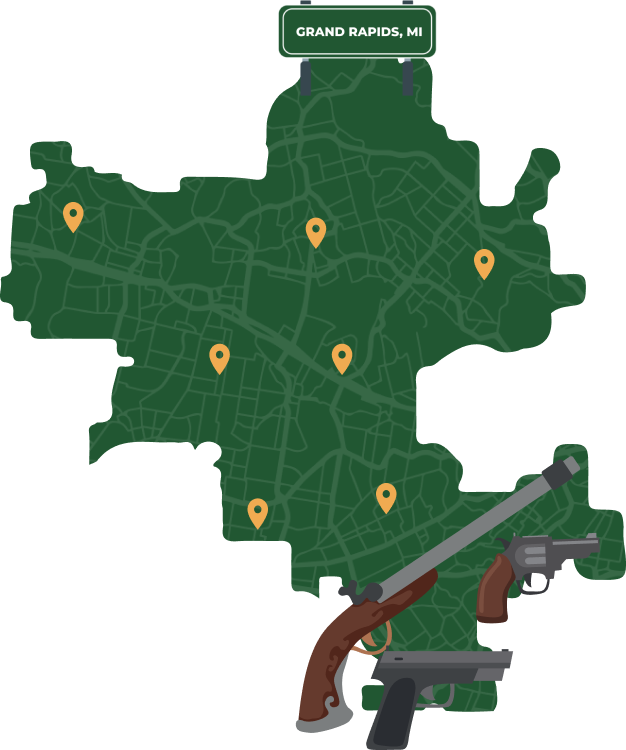 Picture of Grand Rapids, Michigan City Map with Grand Rapids sign on it and places that we buy guns from.