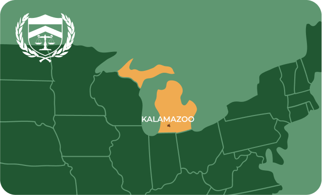 State map with Kalamazoo, Michigan highlighted, showing that Cash for Arms purchases guns in Kalamazoo