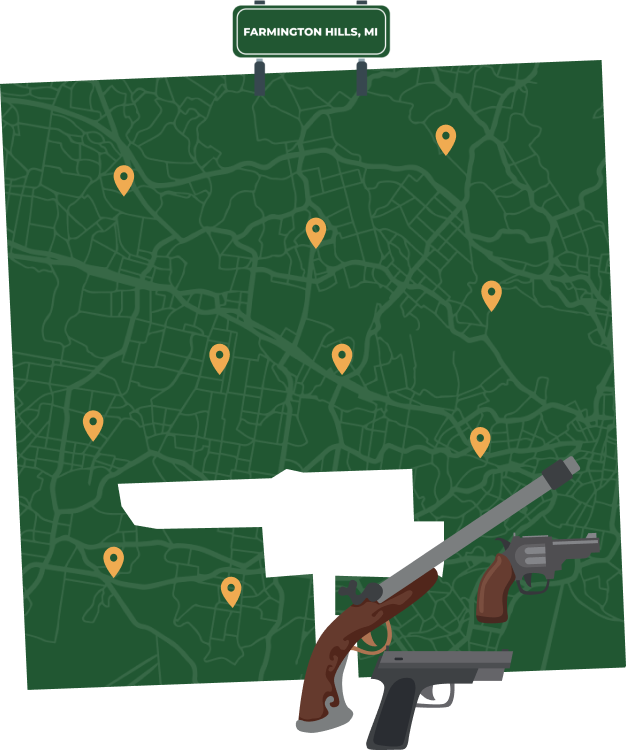 Picture of Farmington Hills, Michigan City Map with Farmington Hills sign on it and places that we buy guns from.