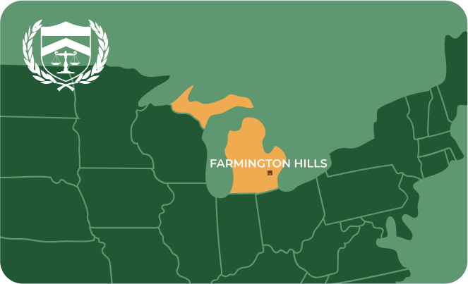 State map with Farmington Hills, Michigan highlighted, showing that Cash for Arms purchases guns in Farmington Hills