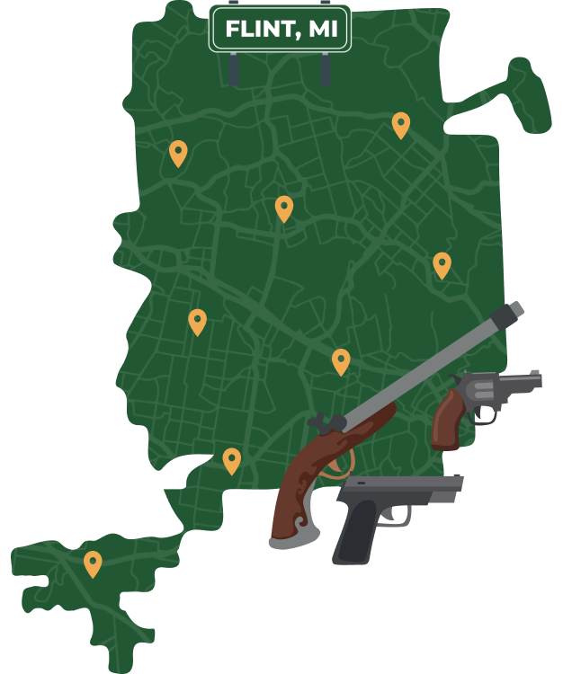 Picture of Flint, Michigan City Map with Flint sign on it and places that we buy guns from.