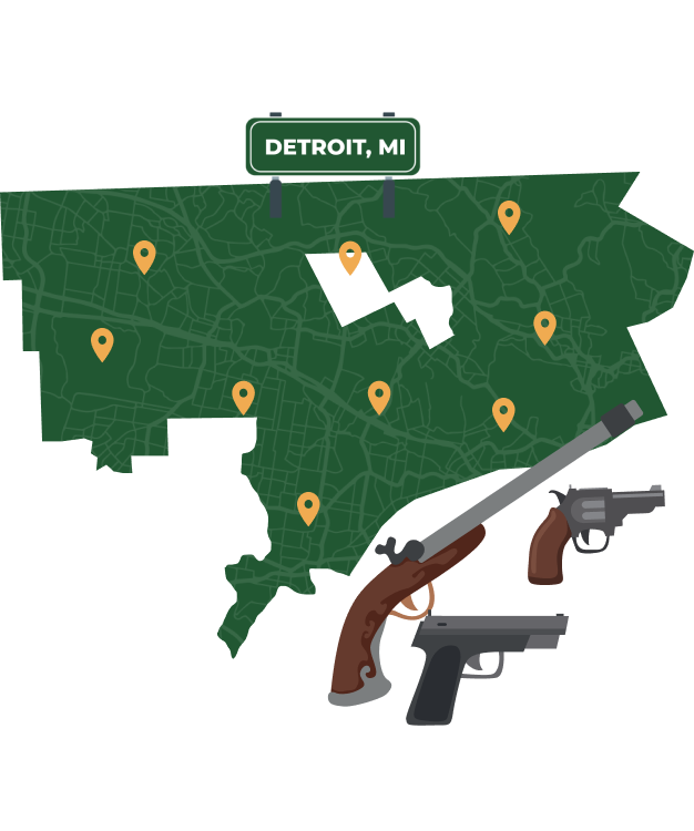 Picture of Detroit, Michigan City Map with Detroit sign on it and places that we buy guns from.
