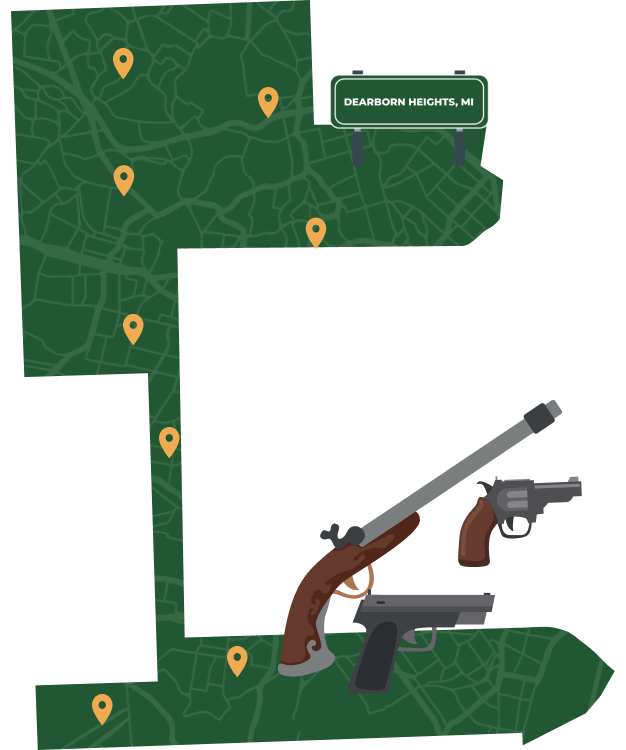 Picture of Dearborn Heights, Michigan City Map with Dearborn Heights sign on it and places that we buy guns from.