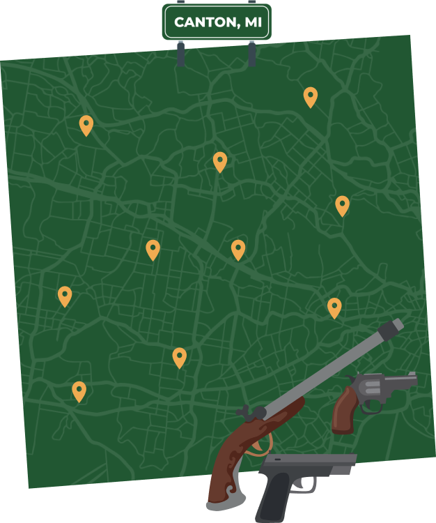 Picture of Canton, Michigan City Map with Canton sign on it and places that we buy guns from.
