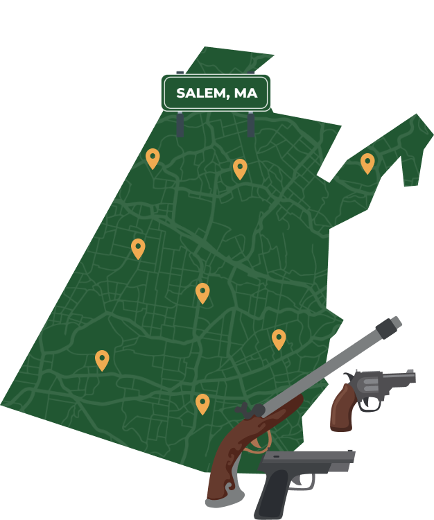 Picture of Salem, Massachusetts City Map with Salem sign on it and places that we buy guns from.