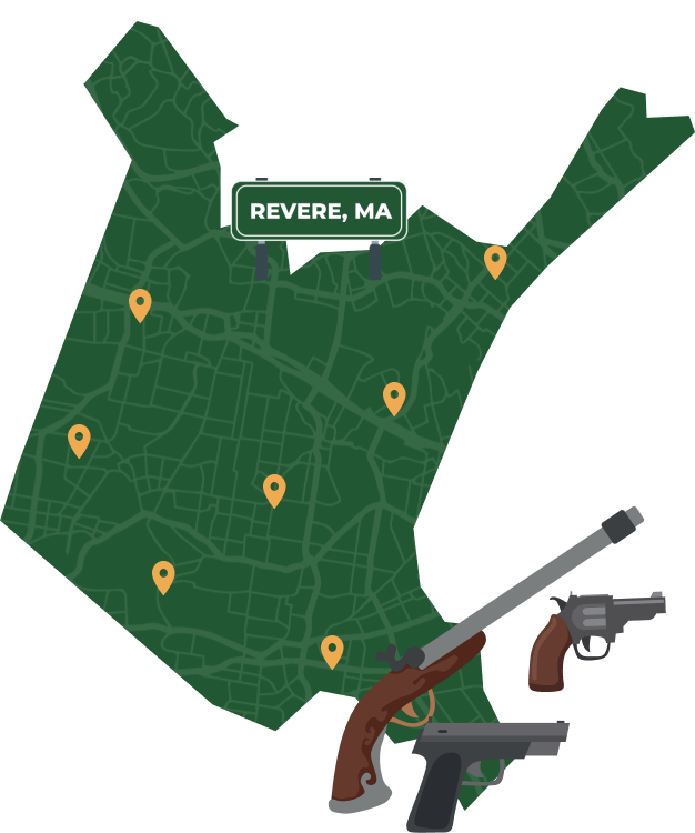 Picture of Revere, Massachusetts City Map with Revere sign on it and places that we buy guns from.