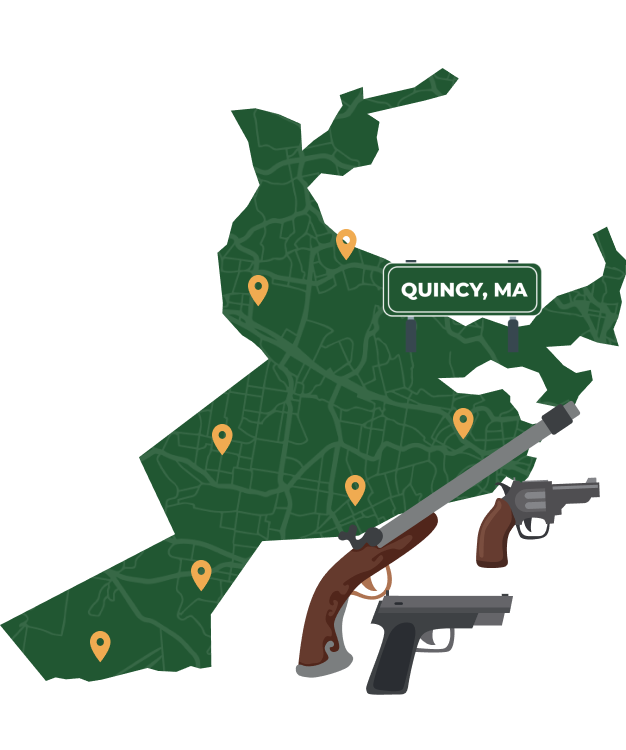 Picture of Quincy, Massachusetts City Map with Quincy sign on it and places that we buy guns from.