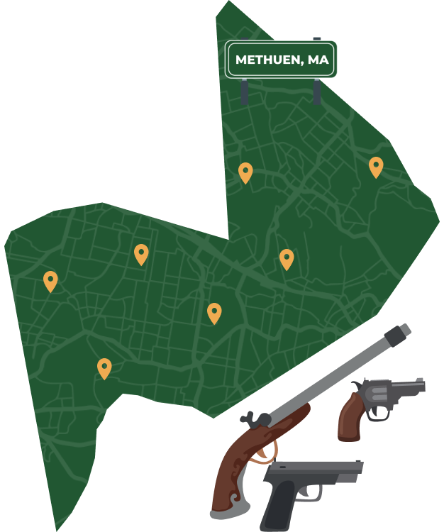 Picture of Methuen, Massachusetts City Map with Methuen sign on it and places that we buy guns from.