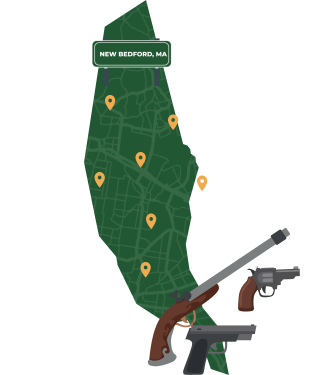 Picture of New Bedford, Massachusetts City Map with New Bedford sign on it and places that we buy guns from.