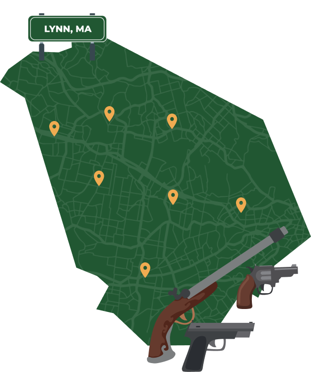 Picture of Lynn, Massachusetts City Map with Lynn sign on it and places that we buy guns from.