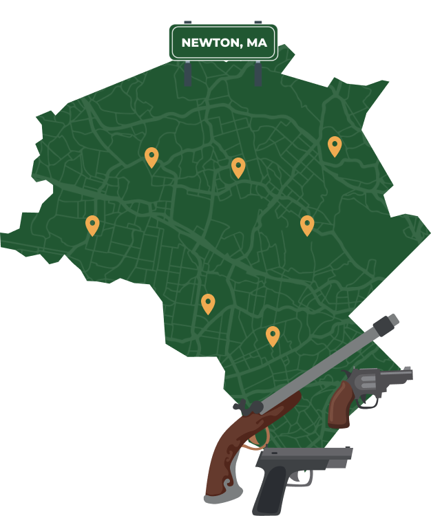 Picture of Newton, Massachusetts City Map with Newton sign on it and places that we buy guns from.