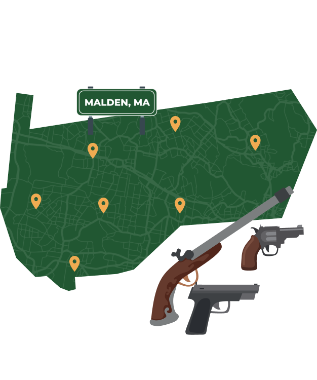 Picture of Malden, Massachusetts City Map with Malden sign on it and places that we buy guns from.