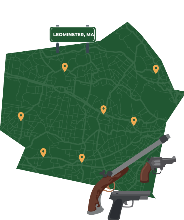 Picture of Leominster, Massachusetts City Map with Leominster sign on it and places that we buy guns from.