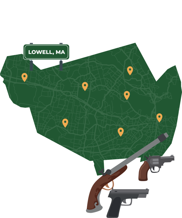Picture of Lowell, Massachusetts City Map with Lowell sign on it and places that we buy guns from.