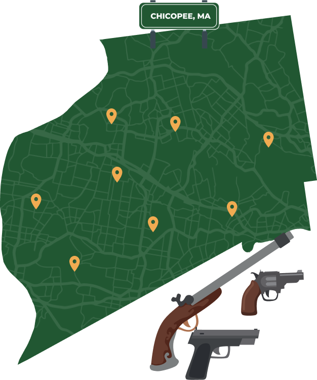Picture of Chicopee, Massachusetts City Map with Chicopee sign on it and places that we buy guns from.