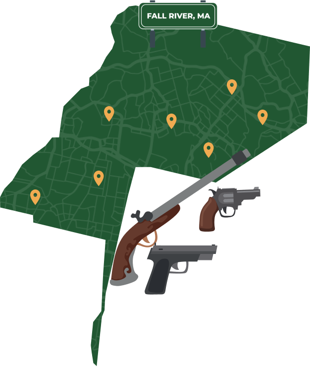 Picture of Fall River, Massachusetts City Map with Fall River sign on it and places that we buy guns from.