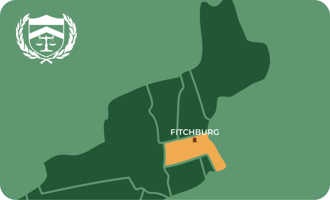 State map with Fitchburg, Massachusetts highlighted, showing that Cash for Arms purchases guns in Fitchburg