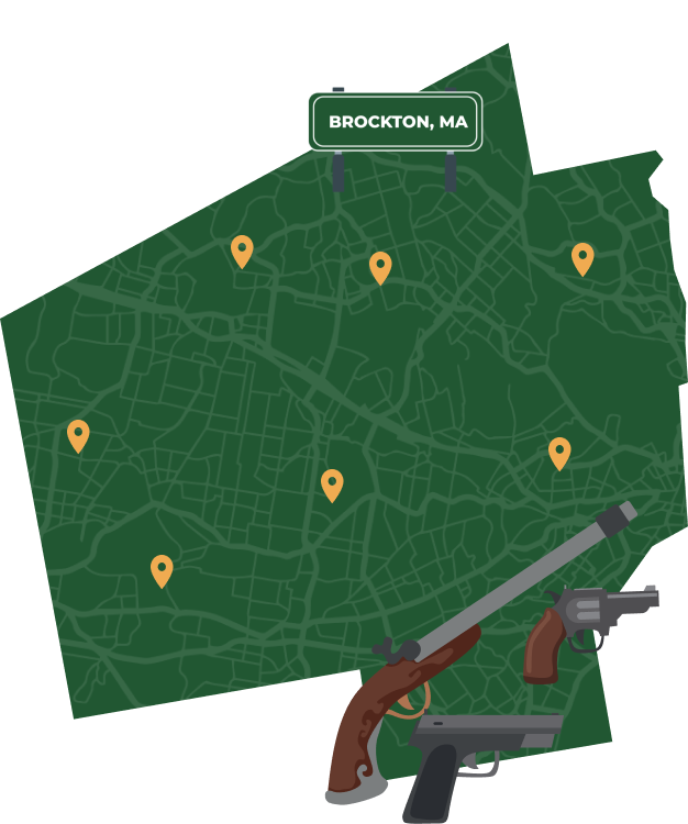 Picture of Brockton, Massachusetts City Map with Brockton sign on it and places that we buy guns from.