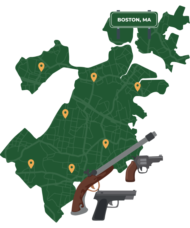 Picture of Boston, Massachusetts City Map with Boston sign on it and places that we buy guns from.