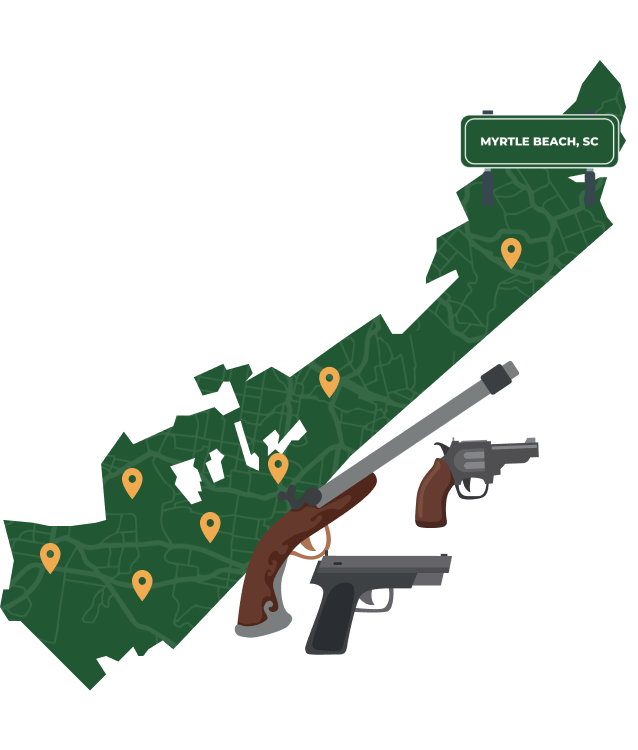 Picture of Myrtle Beach, South Carolina City Map with Myrtle Beach sign on it and places that we buy guns from.