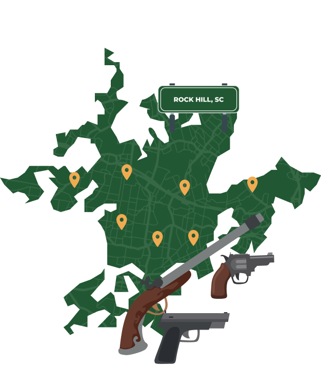 Picture of Rock Hill, South Carolina City Map with Rock Hill sign on it and places that we buy guns from.