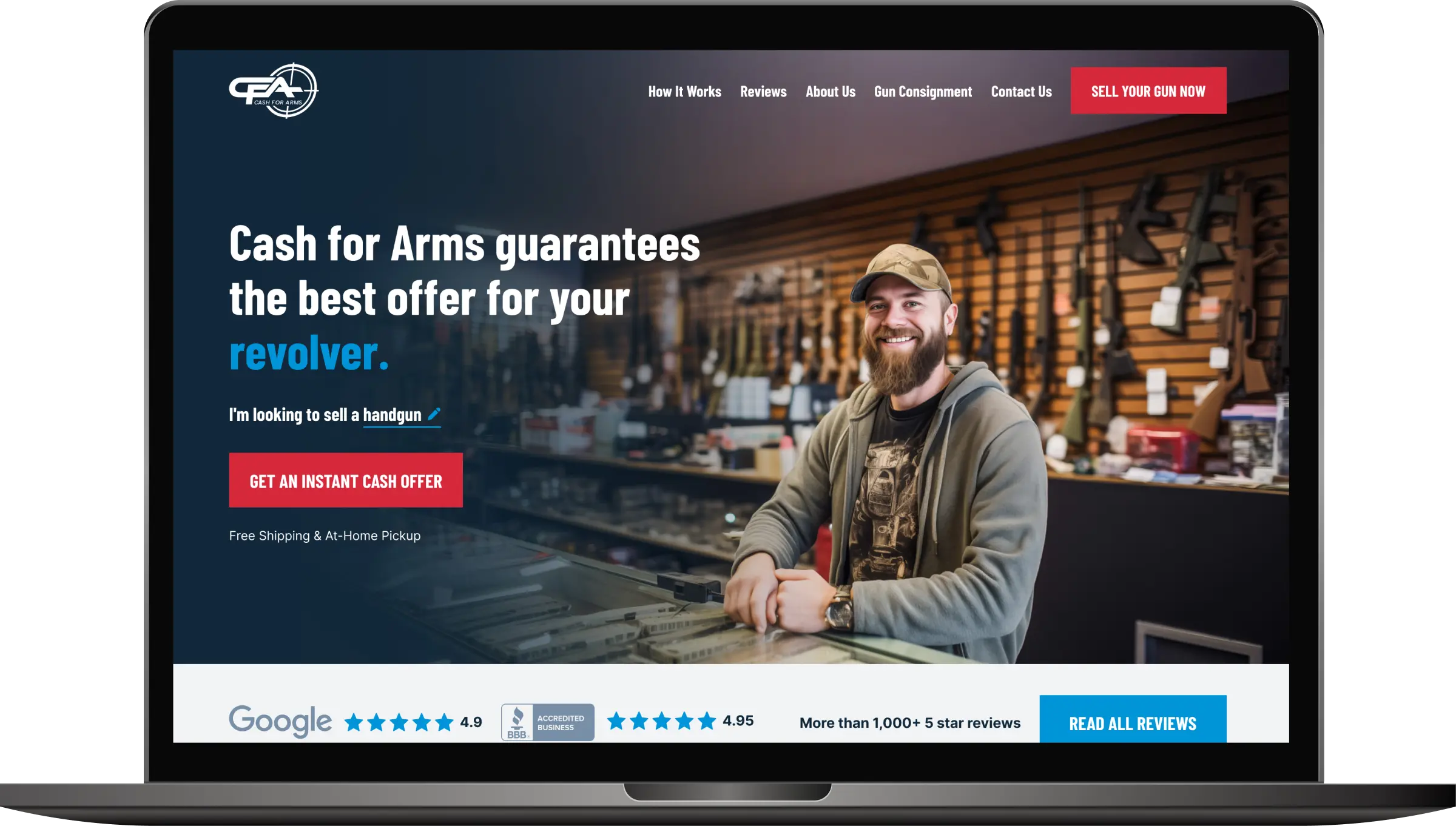 an image of a laptop taht shows the Cash for Arms website