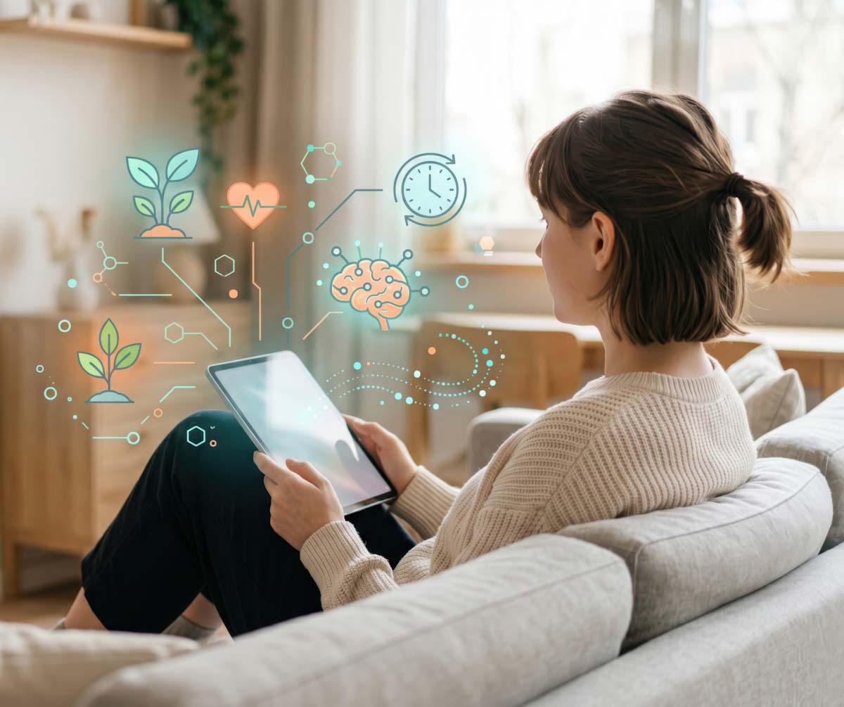 Young woman on laptop with images of health logos floating above
