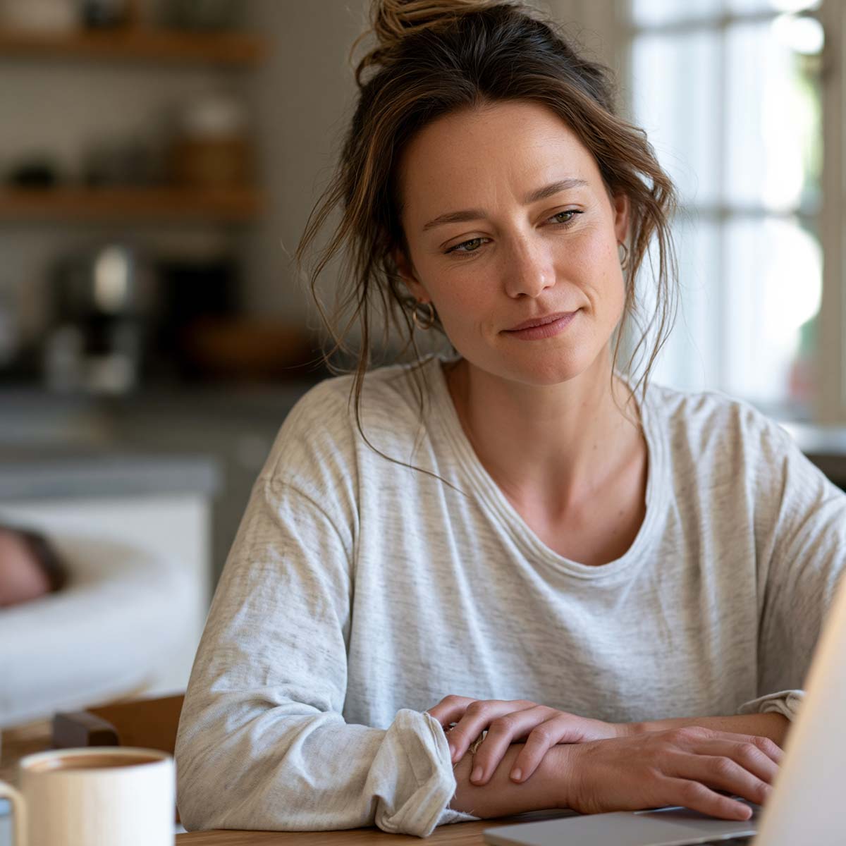Mother on laptop at dining room counter with sleeping baby in background
