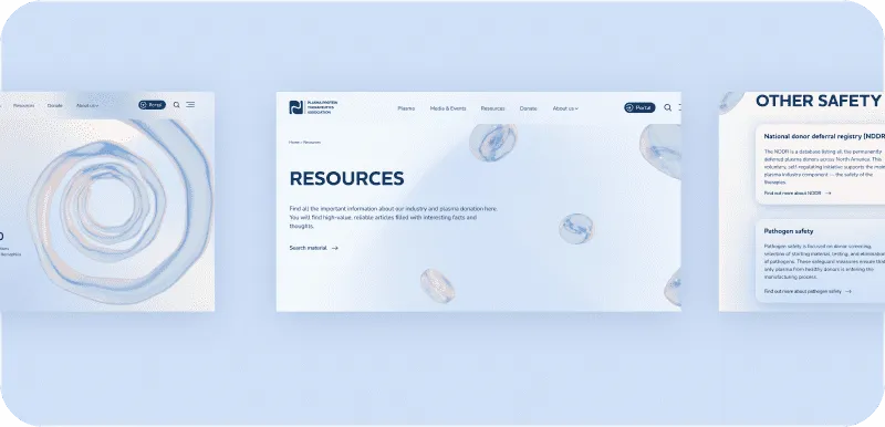 Images of 3 sections of the website in 3 rectangles, side by side, with a light blue background.