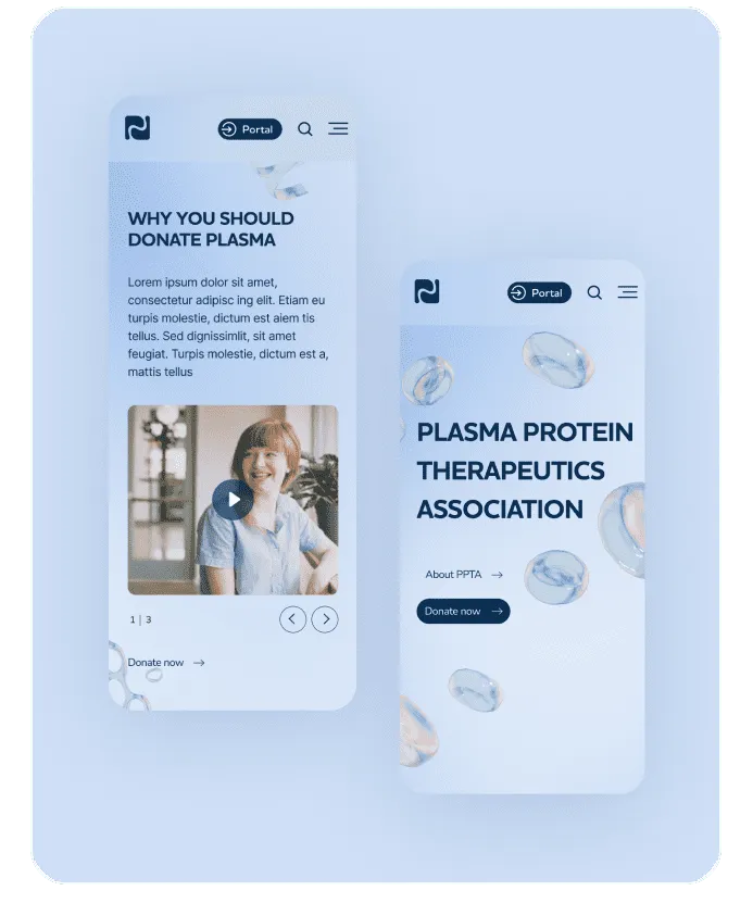 Two mobile prototypes placed side by side, each displaying different pages from the website.