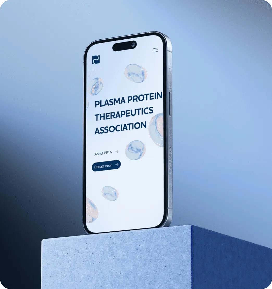 Smartphone standing upright on a blue background, positioned on a surface, showcasing the open homepage of the PPTA website.