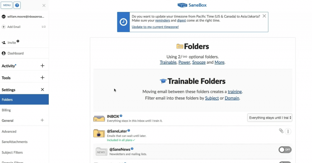 Screenshot of Sanebox app for freelancers