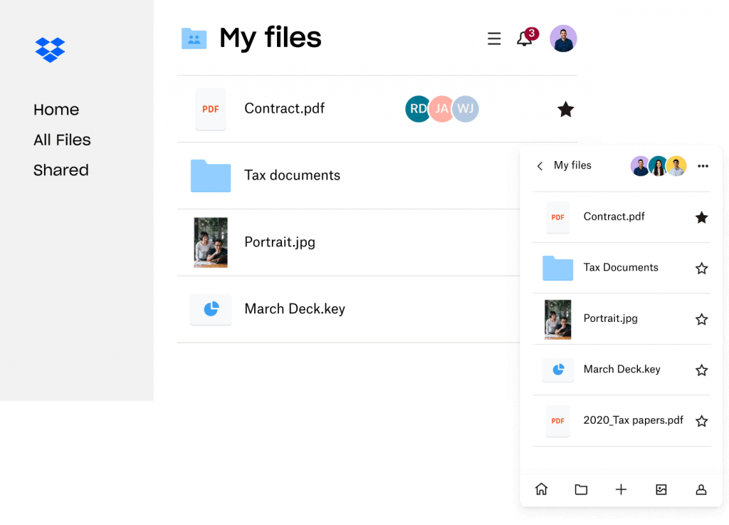 Screenshot of Dropbox app for freelancers