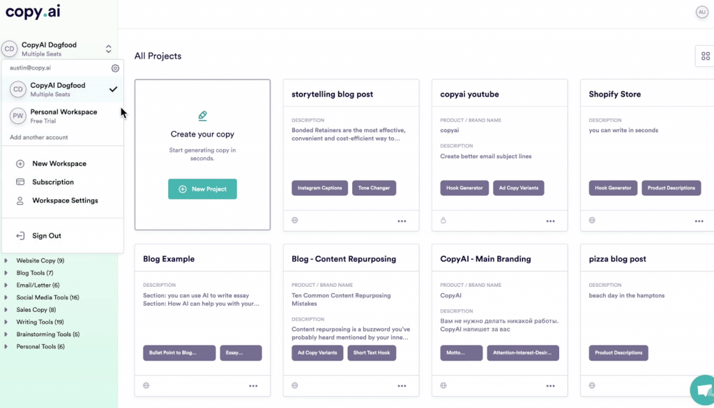 Screenshot of Copy.ai app for freelancers
