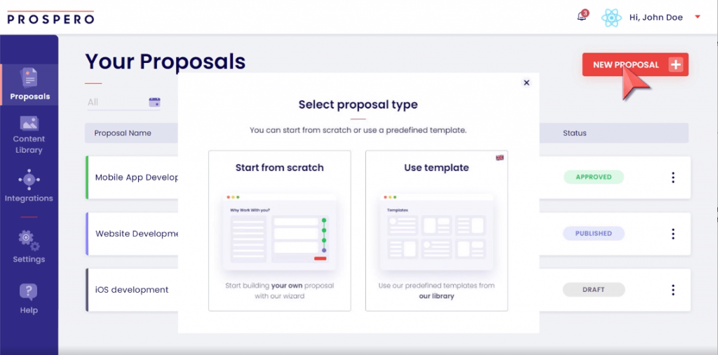 Screenshot of Prospero's dashboard
