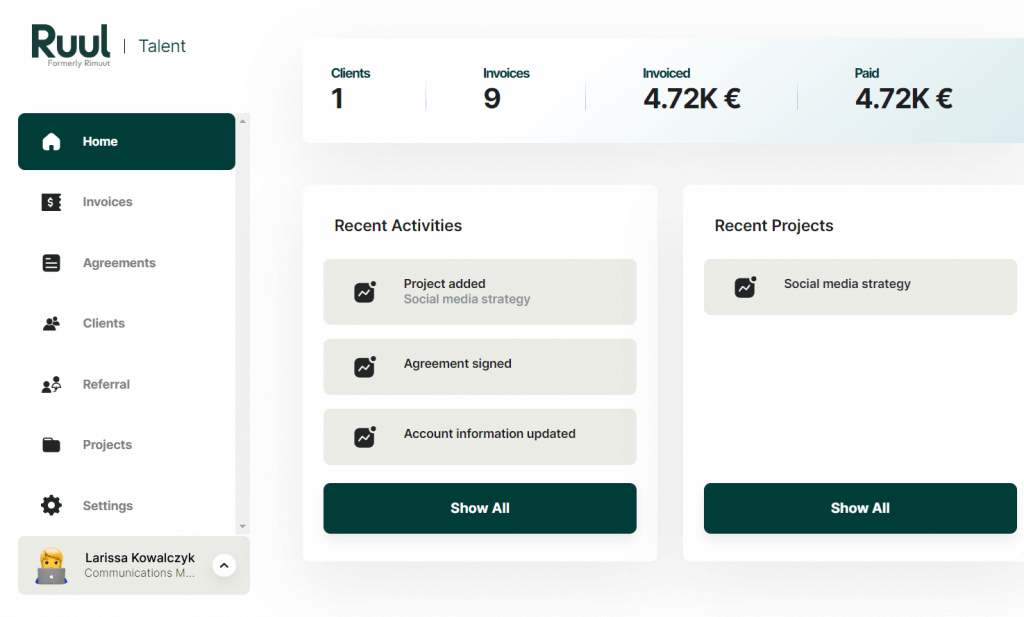 Screenshot of the talent dashboard of Ruul, a finance and compliance app for freelancers