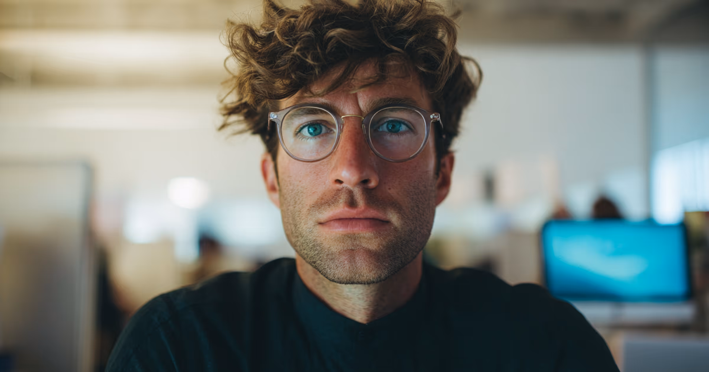 Freelance professional wearing glasses working in a modern office, representing strategies on how to sell subscriptions and grow recurring revenue.