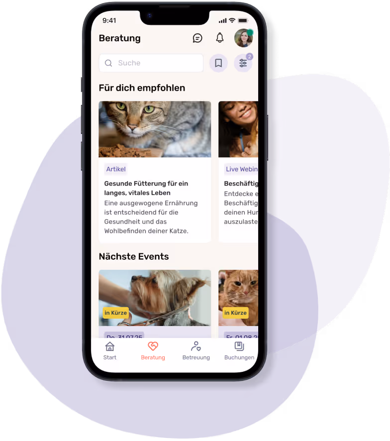 Smartphone mit geöffneter App im Bereich „Beratung“. Sichtbar sind Empfehlungen wie ein Artikel zur gesunden Fütterung von Katzen und ein Webinar zur Beschäftigung von Hunden. Darunter werden kommende Events mit Tieren, z. B. Fellpflege, angezeigt.